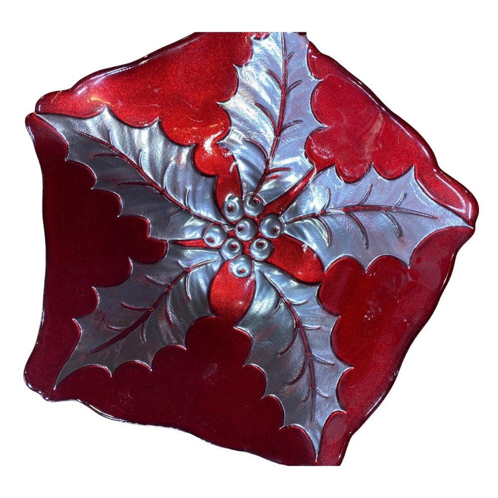 Unbranded Poinsettia Glass Bowl Red & Silver Candy Dish Christmas Home Decor